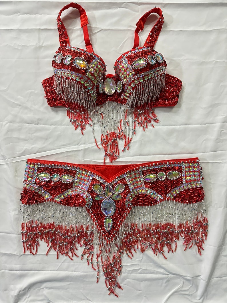 Belly Dance Costume, Women's Red & Silver Sequin Beaded Fringe Bra & Skirt Set, Performance Wear