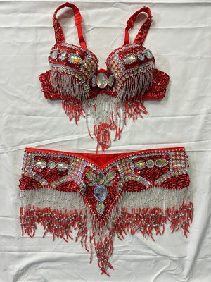 Belly Dance Costume, Women's Red & Silver Sequin Beaded Fringe Bra & Skirt Set, Performance Wear