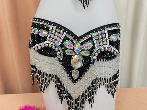 Belly Dance Hip Scarf, Women's Red Beaded Fringe Sequin Rhinestone Hip Belt, Belly Dance