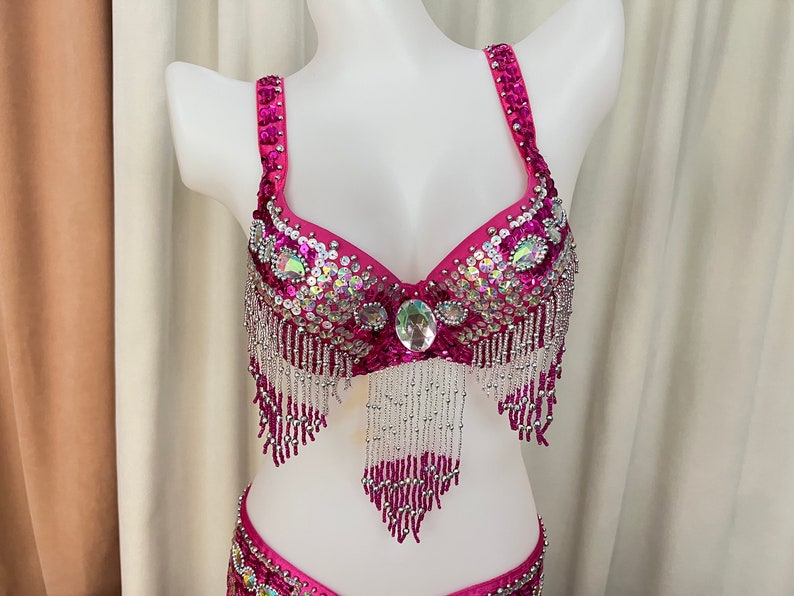 Women's Hot Pink Sequin Beaded Fringe Belly Dance Costume Set