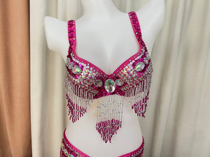 Women's Hot Pink Sequin Beaded Fringe Belly Dance Costume Set