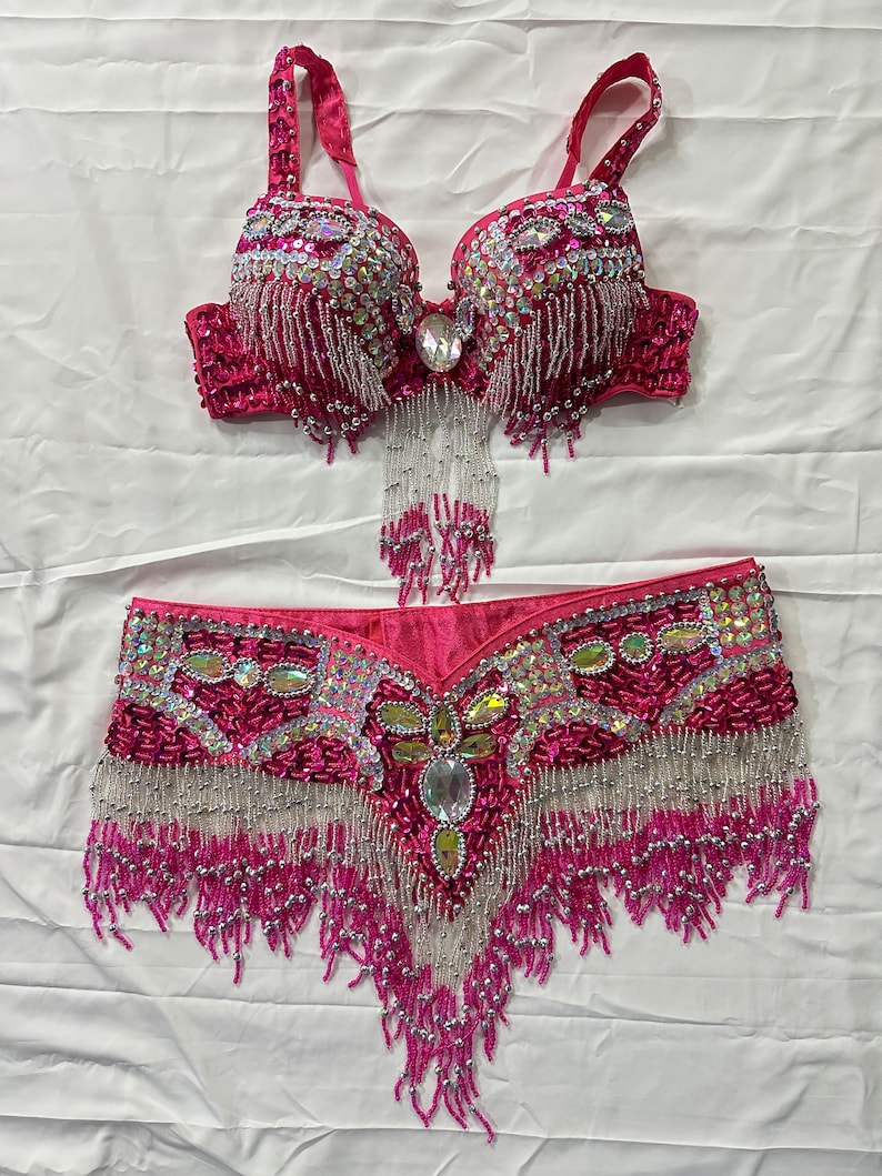 Women's Hot Pink Sequin Beaded Fringe Belly Dance Costume Set