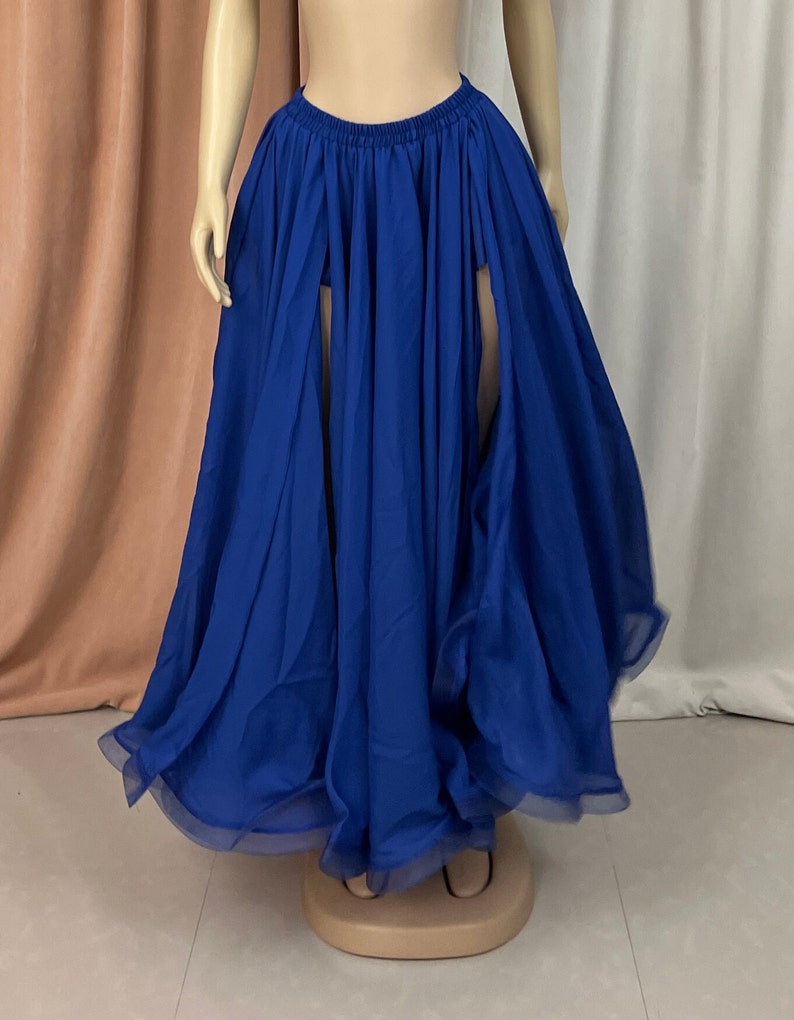 Belly Dance Skirt Women's Royal Blue Chiffon Slit Maxi Skirt with Tulle Hem