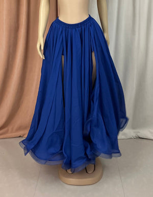 Belly Dance Skirt Women's Royal Blue Chiffon Slit Maxi Skirt with Tulle Hem