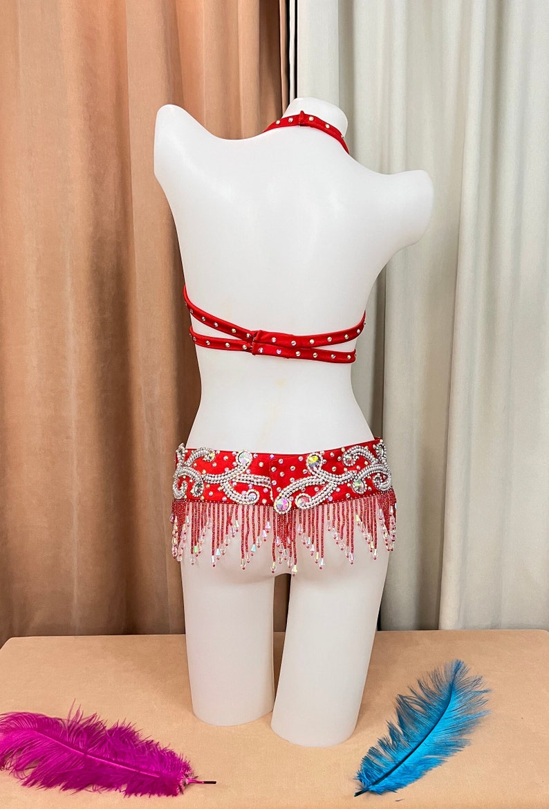 Belly Dance Costume Womens Black Sequin Beaded Rhinestone Bra and Belt Set, Halter Neck, Fringe Trim