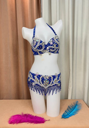 Belly Dance Costume Womens Black Sequin Beaded Rhinestone Bra and Belt Set, Halter Neck, Fringe Trim