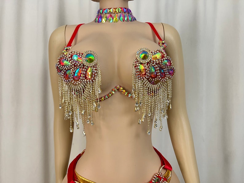 Women's Red and Gold Sequin Rhinestone Fringe Two-Piece Belly Dance Costume