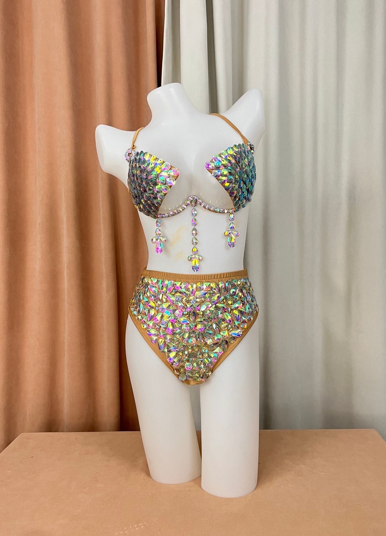 Women's Iridescent Rhinestone Sequin Bra Top and High-Waisted Briefs Set, Burlesque Dance