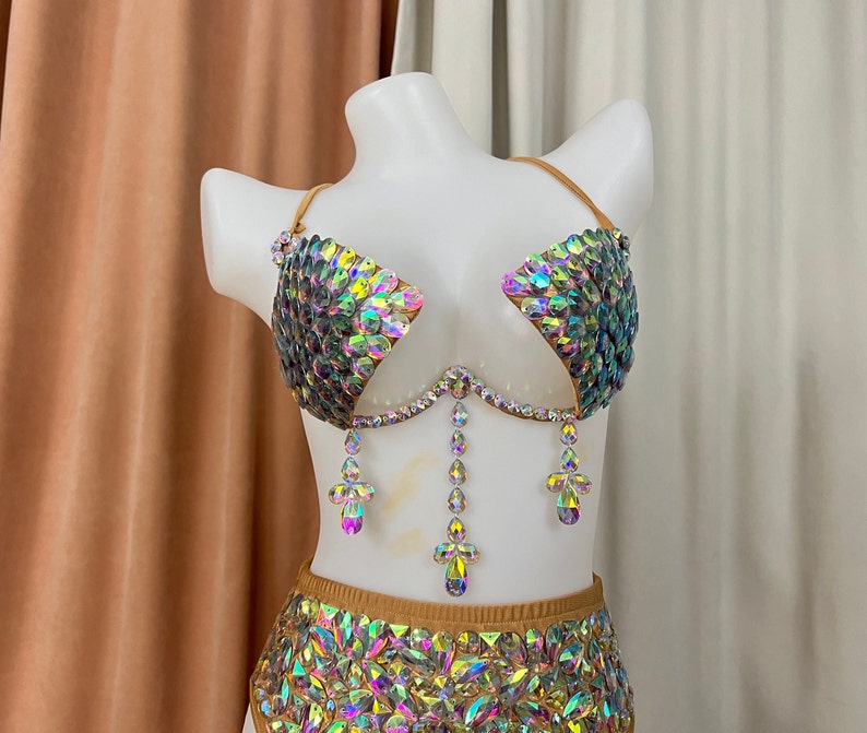 Women's Iridescent Rhinestone Sequin Bra Top and High-Waisted Briefs Set, Burlesque Dance