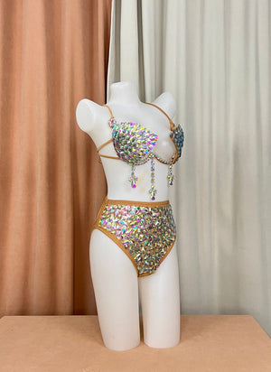 Women's Iridescent Rhinestone Sequin Bra Top and High-Waisted Briefs Set, Burlesque Dance