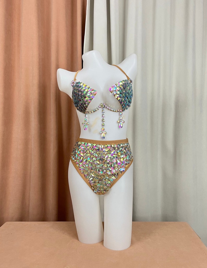 Women's Iridescent Rhinestone Sequin Bra Top and High-Waisted Briefs Set, Burlesque Dance