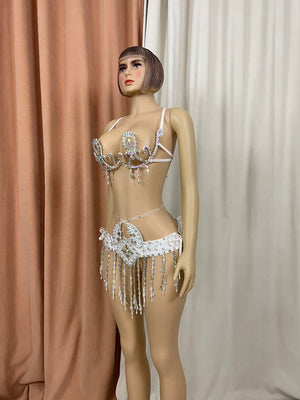 Rhinestone Fringe Belly Dance Bra and Belt Set - Women's White Iridescent Crystal Embellished Performance Costume