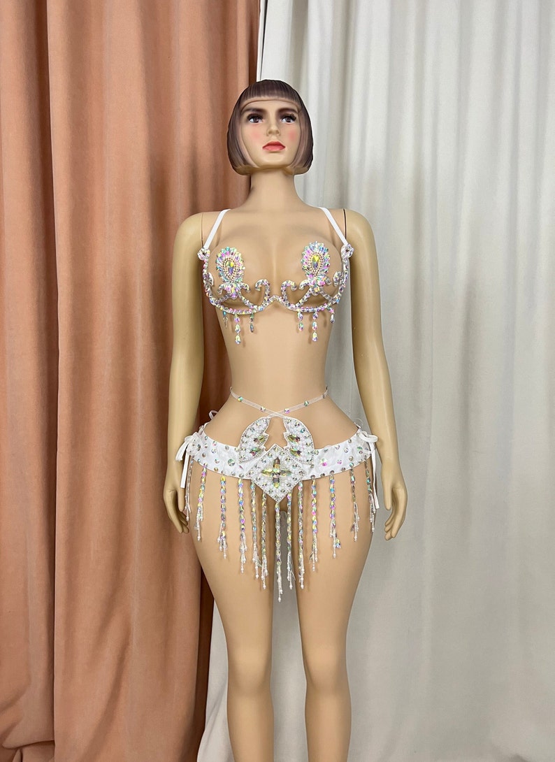 Rhinestone Fringe Belly Dance Bra and Belt Set - Women's White Iridescent Crystal Embellished Performance Costume