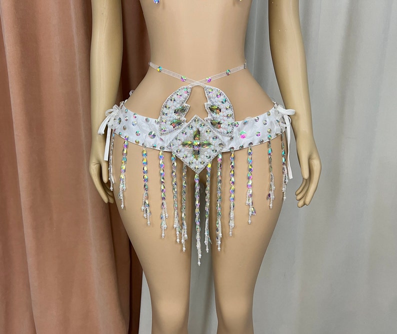 Rhinestone Fringe Belly Dance Bra and Belt Set - Women's White Iridescent Crystal Embellished Performance Costume