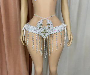 Rhinestone Fringe Belly Dance Bra and Belt Set - Women's White Iridescent Crystal Embellished Performance Costume