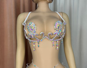 Rhinestone Fringe Belly Dance Bra and Belt Set - Women's White Iridescent Crystal Embellished Performance Costume