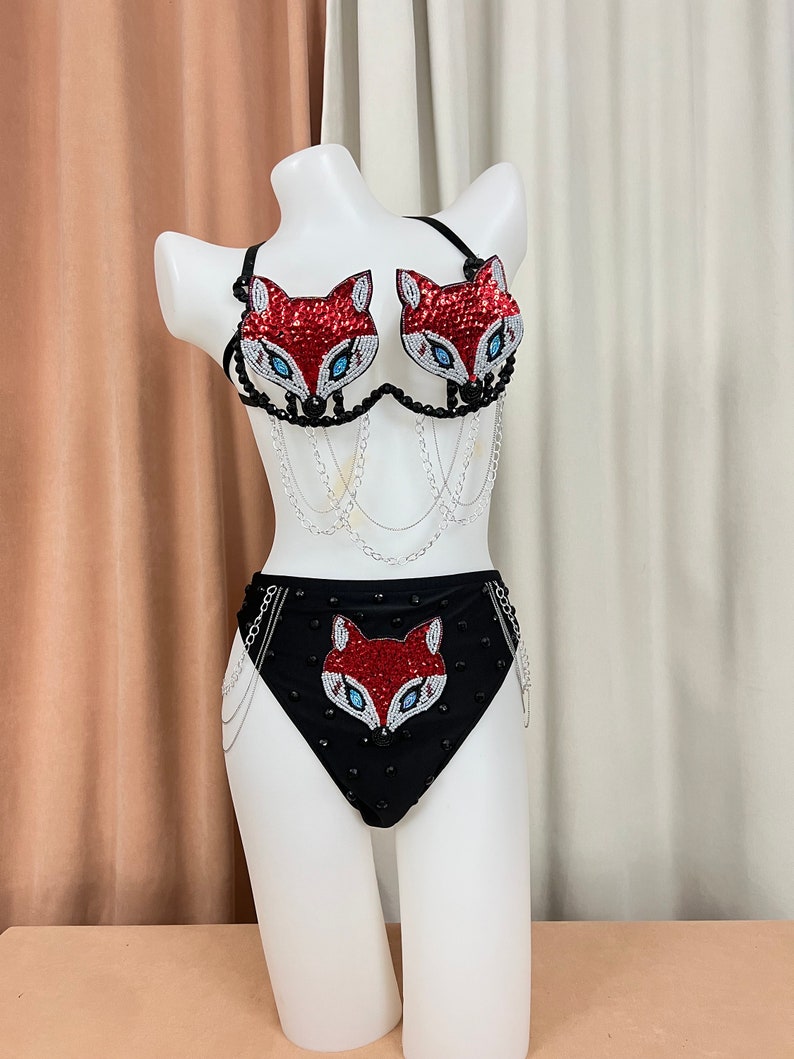 Women's Black & Red Sequin Fox Halter Bikini Set - Burlesque Dancewear