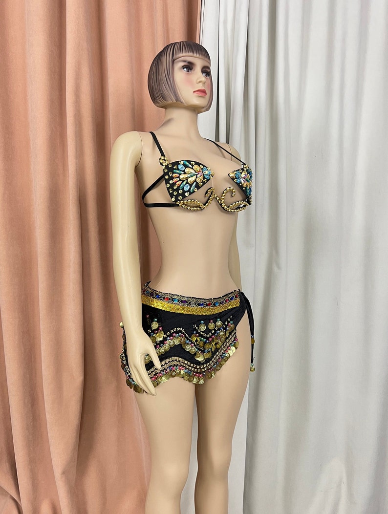 Belly Dance Costume Women's Black & Gold Embellished Bra & Hip Scarf Set with Coins and Beads