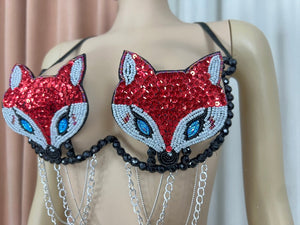 Sequin Fox Pasties Bra with Chains, Women's Red Beaded Festival Dance Top