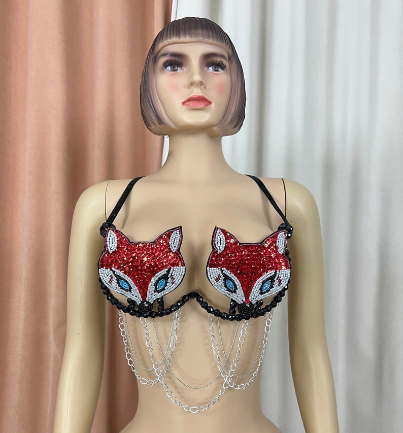 Sequin Fox Pasties Bra with Chains, Women's Red Beaded Festival Dance Top
