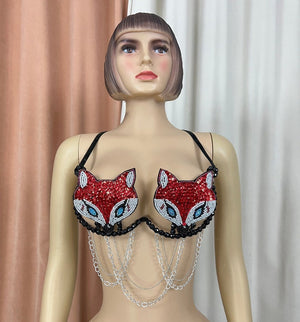 Sequin Fox Pasties Bra with Chains, Women's Red Beaded Festival Dance Top