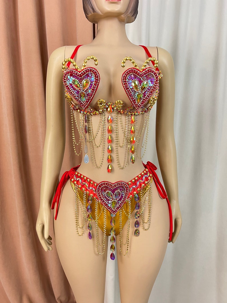 Women's Red & Gold Embellished Heart Dangle Chain Bra & Bottom Set, Samba/Carnival Dancewear