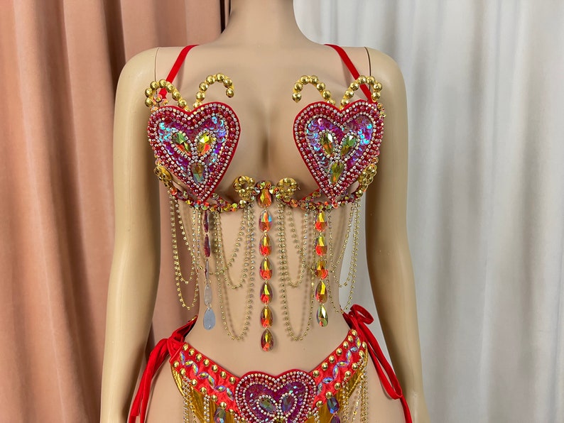 Women's Red & Gold Embellished Heart Dangle Chain Bra & Bottom Set, Samba/Carnival Dancewear