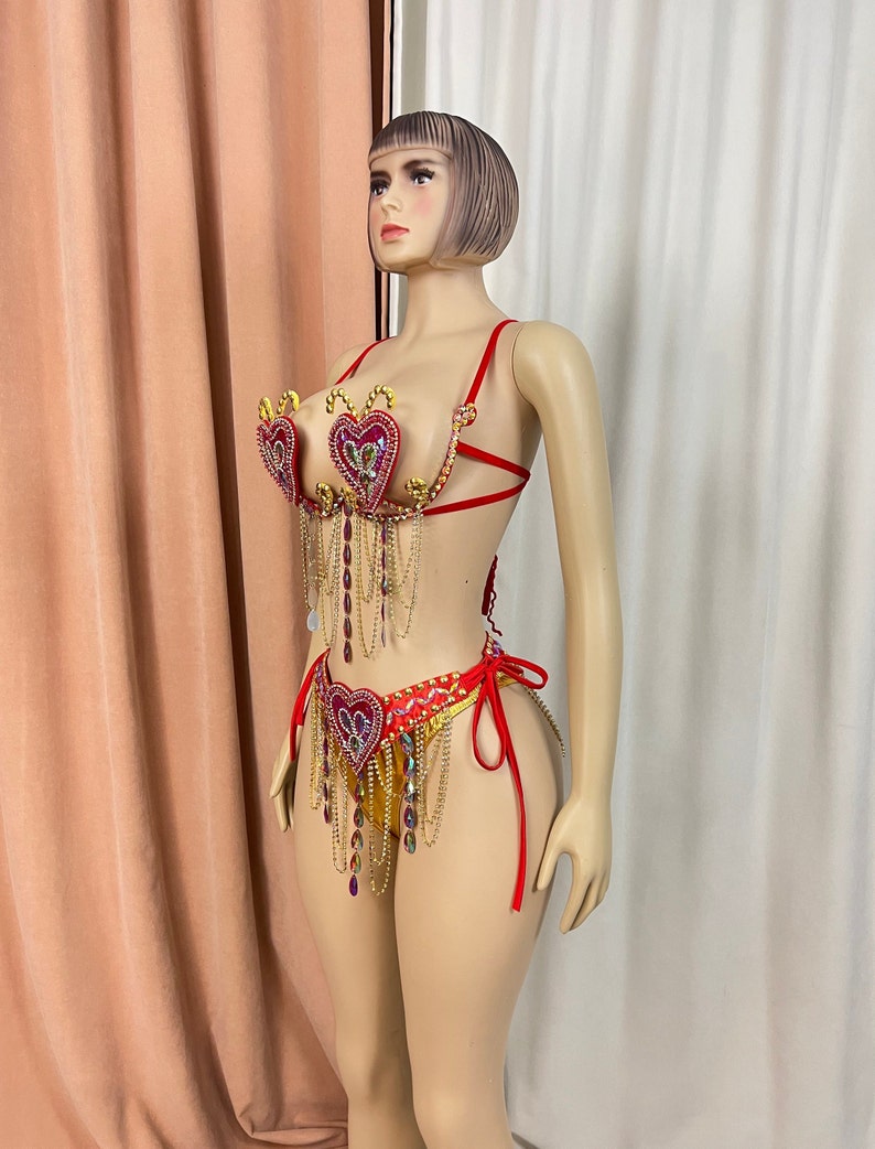 Women's Red & Gold Embellished Heart Dangle Chain Bra & Bottom Set, Samba/Carnival Dancewear