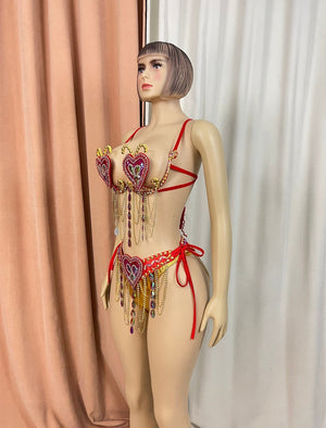 Women's Red & Gold Embellished Heart Dangle Chain Bra & Bottom Set, Samba/Carnival Dancewear