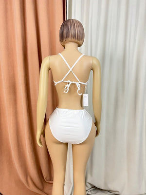 Women's White Iridescent Rhinestone Fringe Bra and High-Waist Briefs Two-Piece Set for Carnival Dance