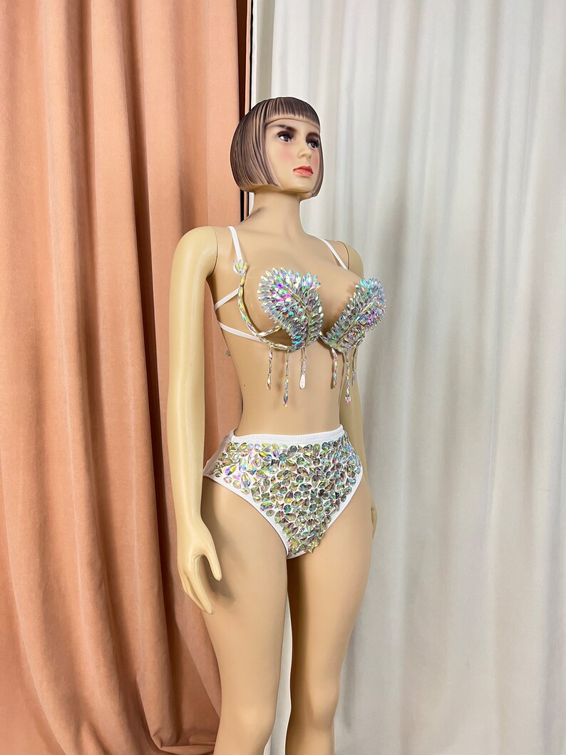 Women's White Iridescent Rhinestone Fringe Bra and High-Waist Briefs Two-Piece Set for Carnival Dance