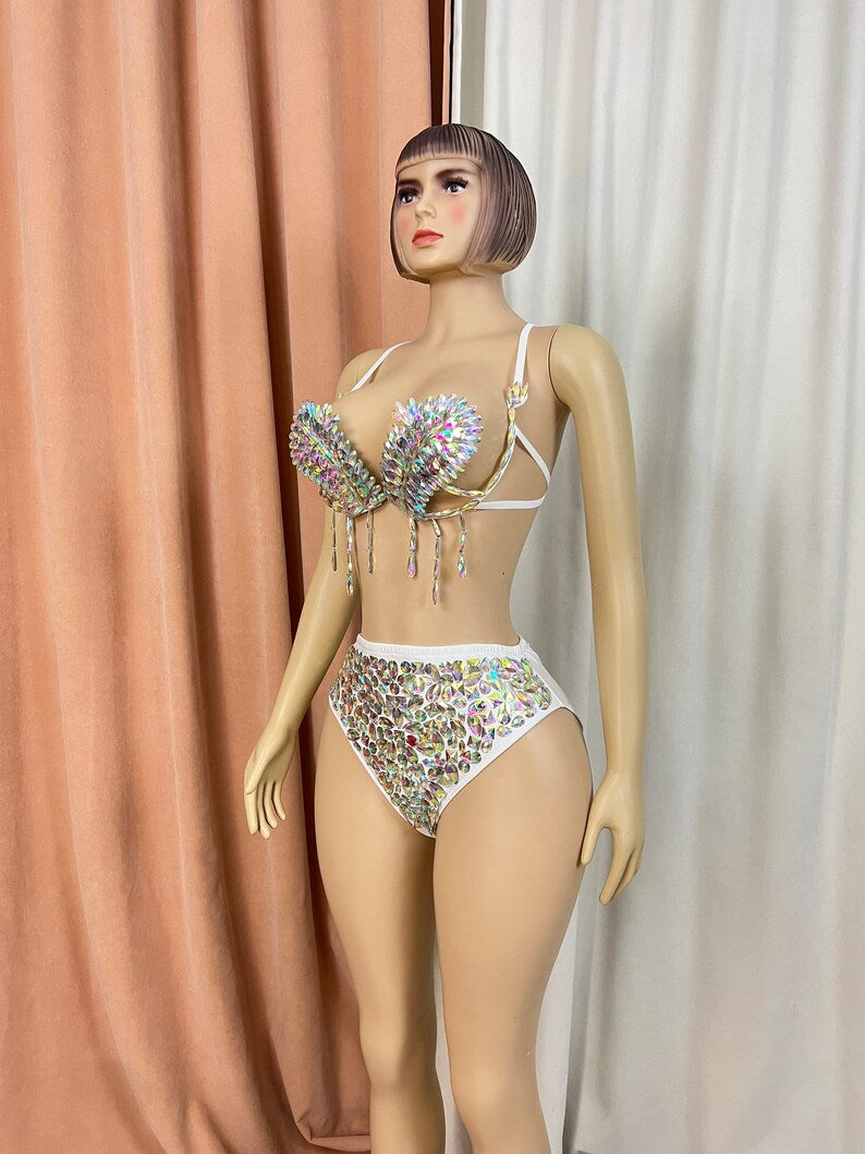 Women's White Iridescent Rhinestone Fringe Bra and High-Waist Briefs Two-Piece Set for Carnival Dance