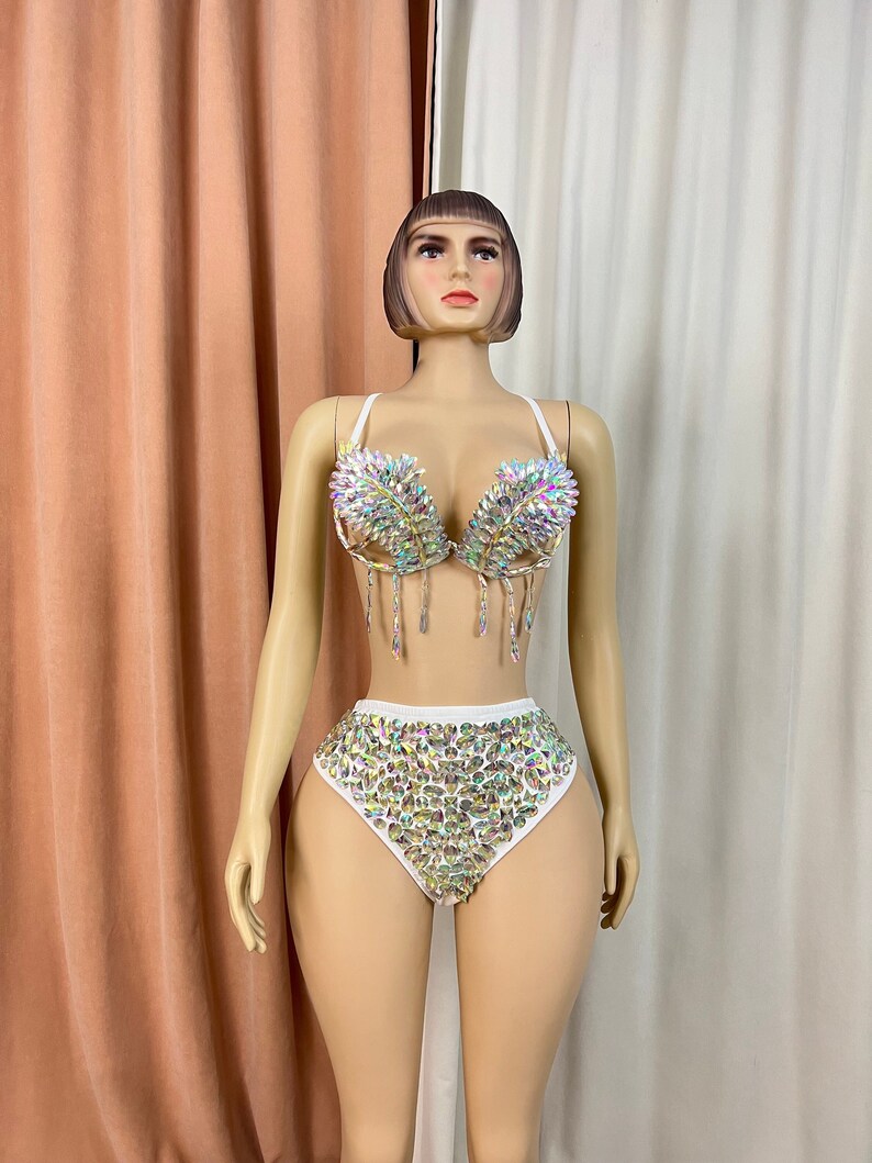 Women's White Iridescent Rhinestone Fringe Bra and High-Waist Briefs Two-Piece Set for Carnival Dance