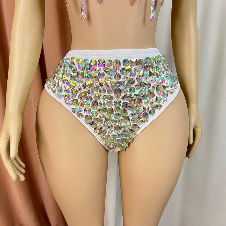 Women's White Iridescent Rhinestone Fringe Bra and High-Waist Briefs Two-Piece Set for Carnival Dance