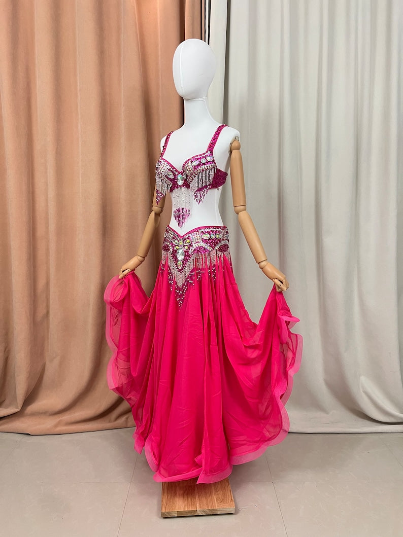 Belly Dance Costume Women Hot Pink Sequin Beaded Bra and Skirt Set Chiffon Flowy Skirt