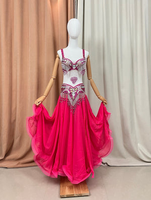 Belly Dance Costume Women Hot Pink Sequin Beaded Bra and Skirt Set Chiffon Flowy Skirt