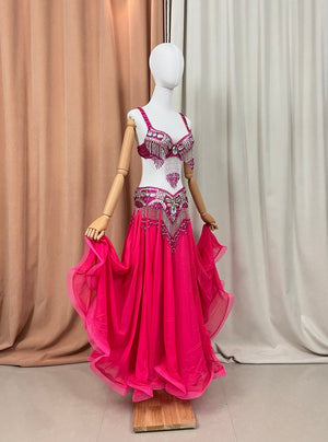 Belly Dance Costume Women Hot Pink Sequin Beaded Bra and Skirt Set Chiffon Flowy Skirt