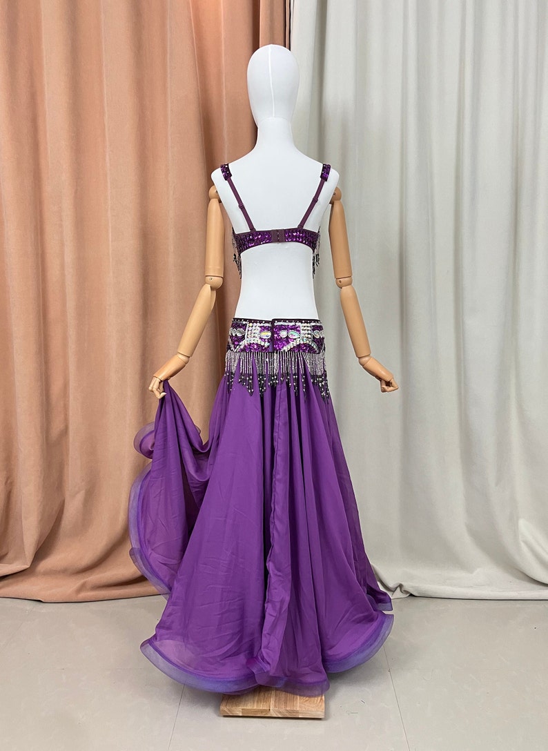 Belly Dance Costume Women's Purple Sequin Beaded Fringe Bra and Skirt Set, Chiffon Performance Outfit