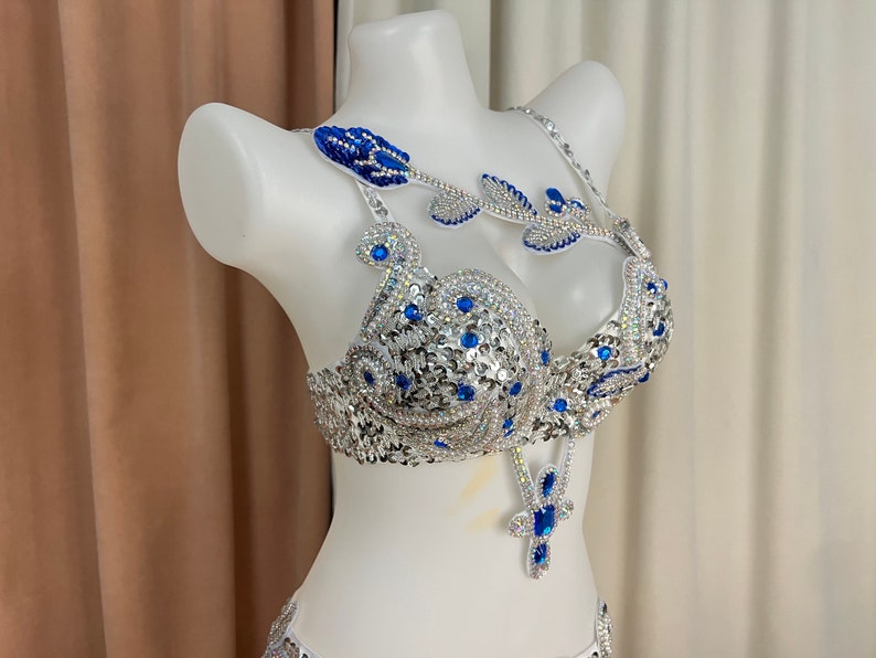 Belly Dance Costume Women's Blue & Silver Sequin Beaded Bra & Hip Scarf Set with Fringe & Droplets, Professional Performance Wear