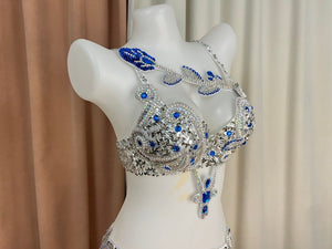 Belly Dance Costume Women's Blue & Silver Sequin Beaded Bra & Hip Scarf Set with Fringe & Droplets, Professional Performance Wear