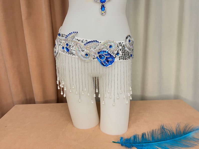 Belly Dance Costume Women's Blue & Silver Sequin Beaded Bra & Hip Scarf Set with Fringe & Droplets, Professional Performance Wear