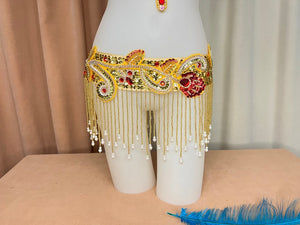 Women's Gold and Red Sequin Beaded Fringe Belly Dance Costume Set
