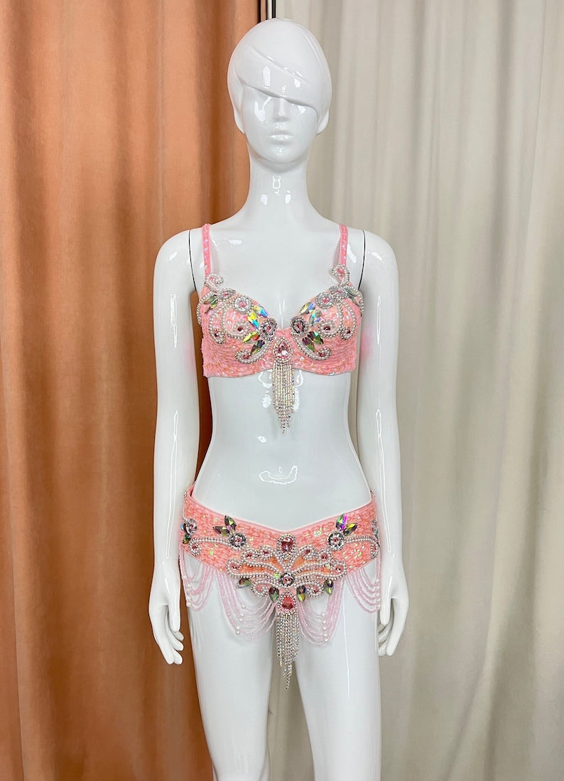 Belly Dance Costume, Women's Pink Sequin & Beaded Bra and Belt Set with Rhinestone Fringe, Adult Oriental Dancewear