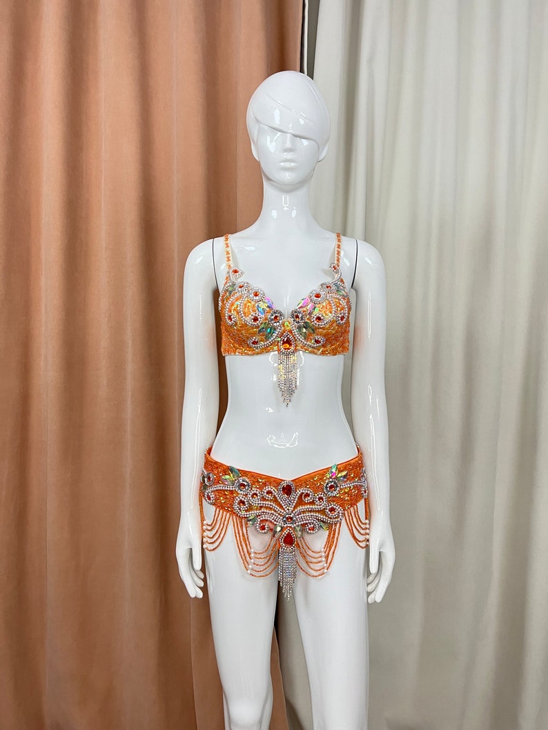 Belly Dance Costume Women's Fuchsia Beaded Sequin Bra and Hip Scarf with Rhinestone Fringe, Cabaret