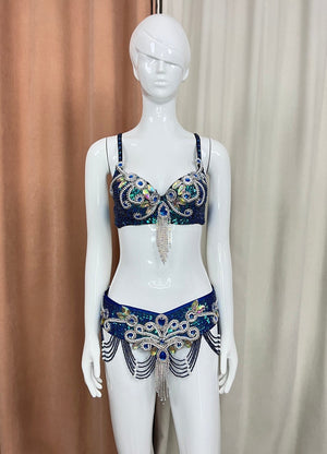 Belly Dance Costume Women's Fuchsia Beaded Sequin Bra and Hip Scarf with Rhinestone Fringe, Cabaret