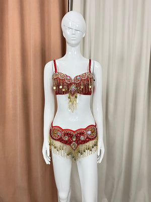 Women's Gold Embellished Sequin Fringe Belly Dance Bra and Belt Set