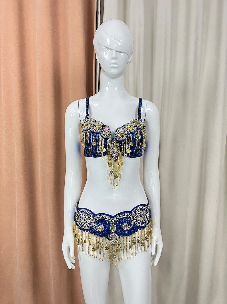 Women's Gold Embellished Sequin Fringe Belly Dance Bra and Belt Set