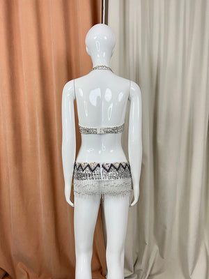 Belly Dance Costume Set, Women's Black & Gold Sequin Beaded Fringe Halter Bra & Hip Scarf, Belly Dance