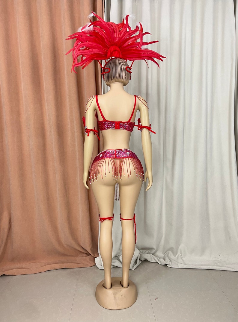 Carnival Samba Dance Costume, Women's Blue & White Sequin Feathered Headdress Bra Skirt Set, Latin Dancewear