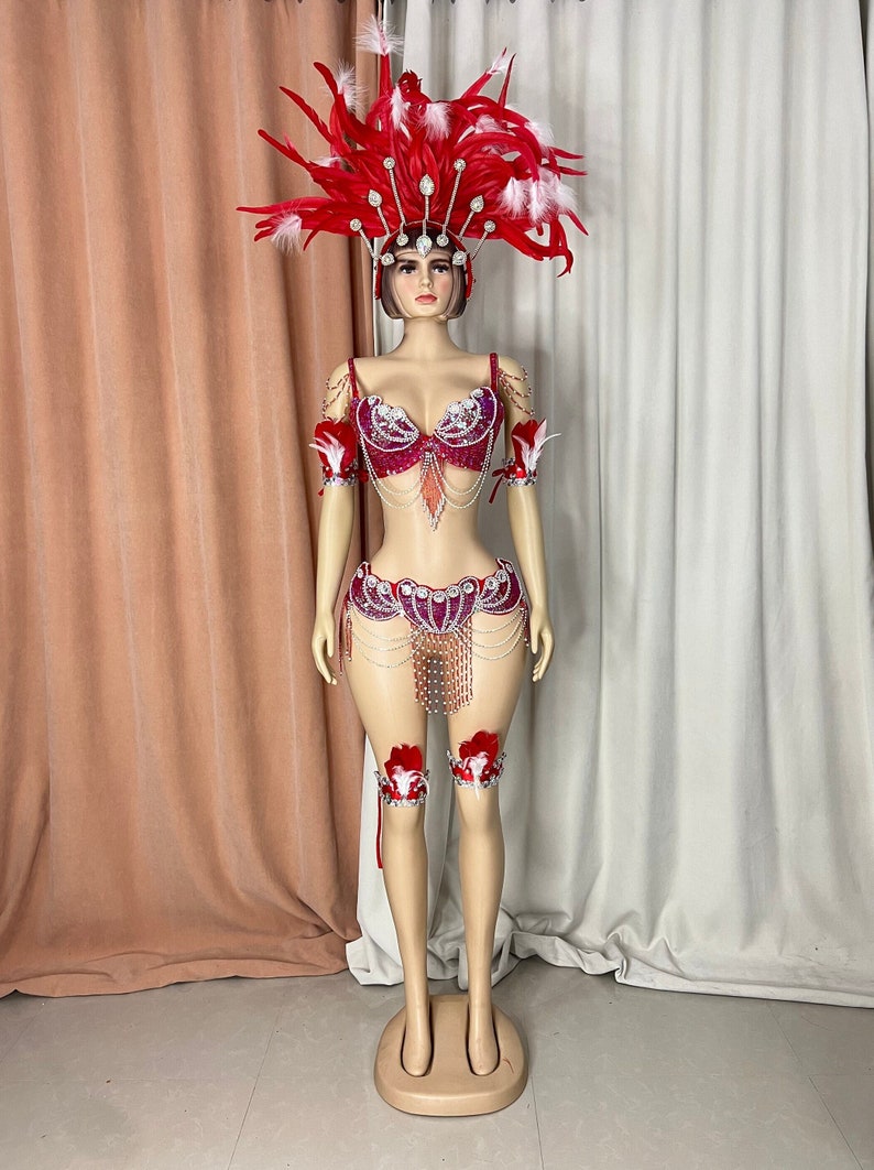 Carnival Samba Dance Costume, Women's Blue & White Sequin Feathered Headdress Bra Skirt Set, Latin Dancewear